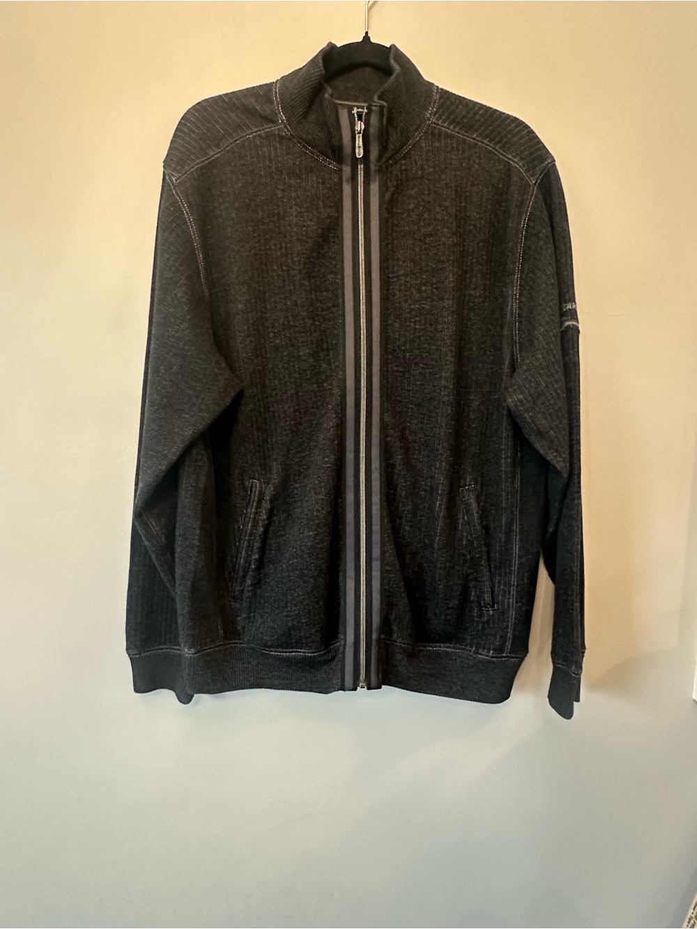 Tommy Bahama Full Zip Sweater Jacket Mens M Black Cotton Ribbed Mock Neck